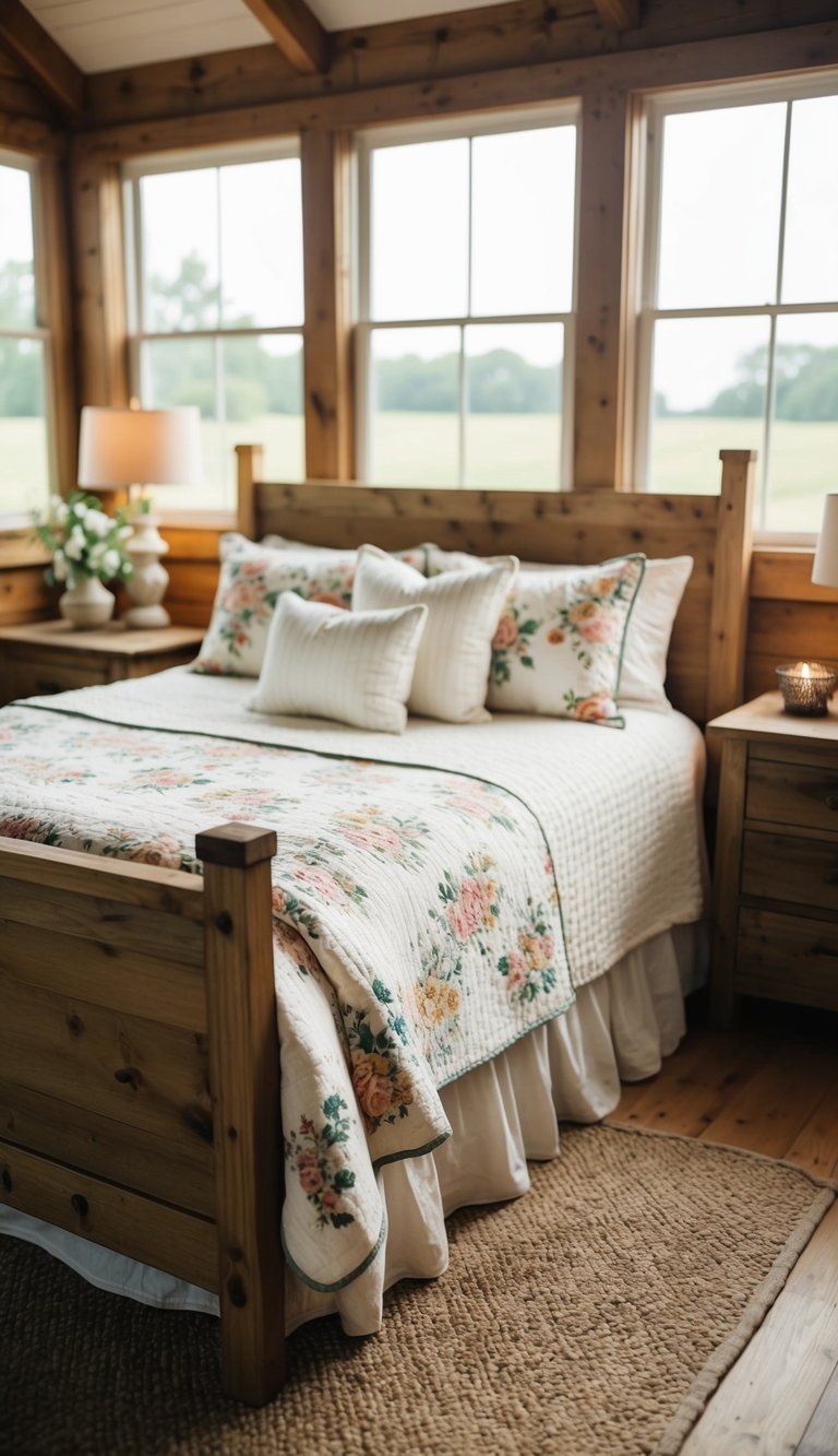 A cozy farmhouse bedroom with a floral quilted bedspread, rustic wooden furniture, and soft natural lighting