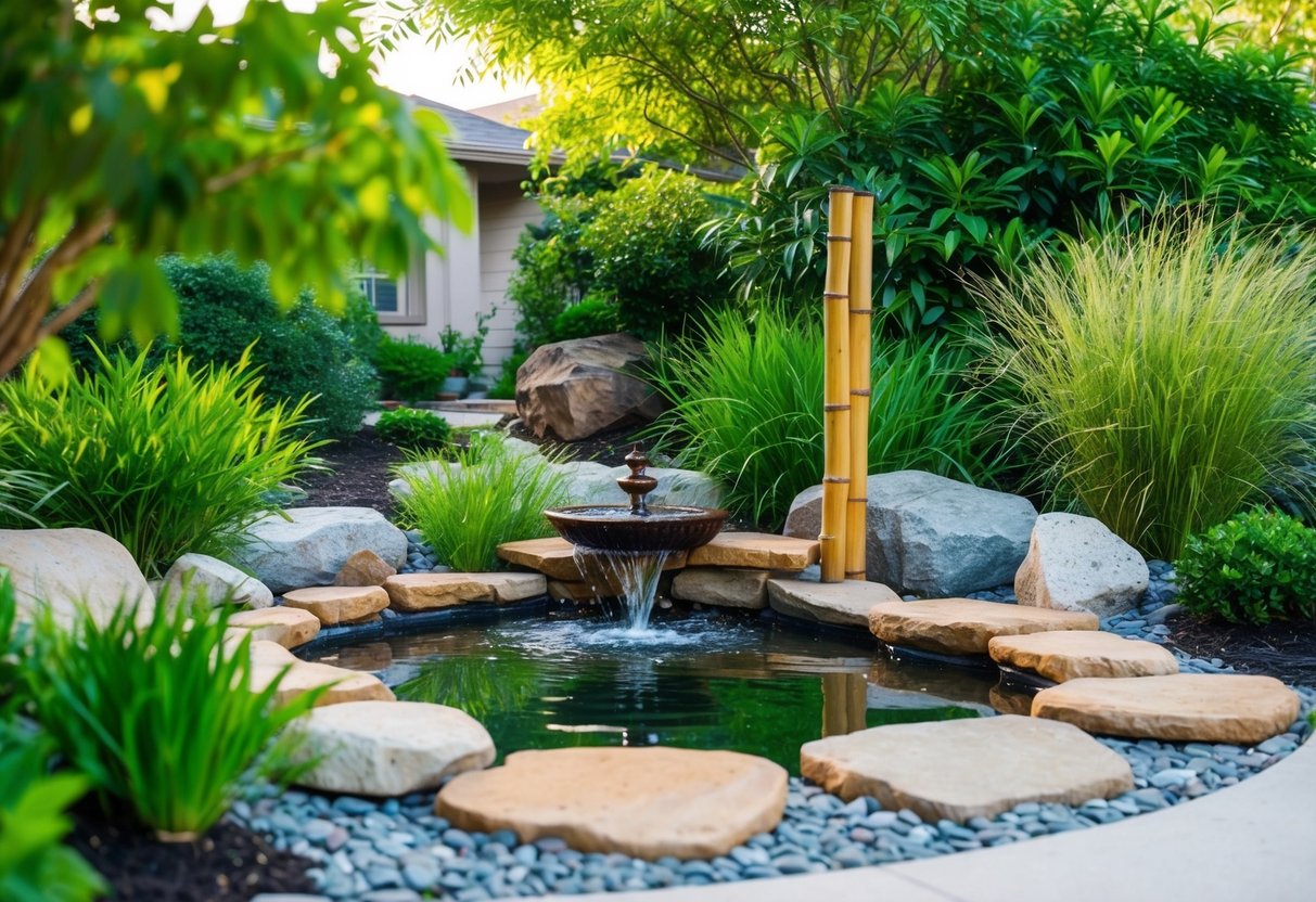 A serene front yard with a small pond, bamboo fountain, and stepping stones surrounded by lush greenery and rocks