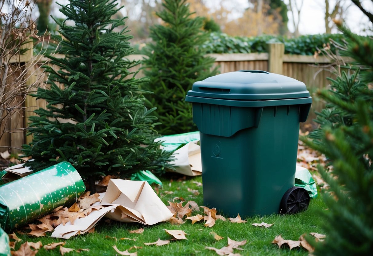 A garden scene with a compost bin surrounded by Christmas trees and discarded holiday wrappings. Fallen leaves and twigs add to the natural setting