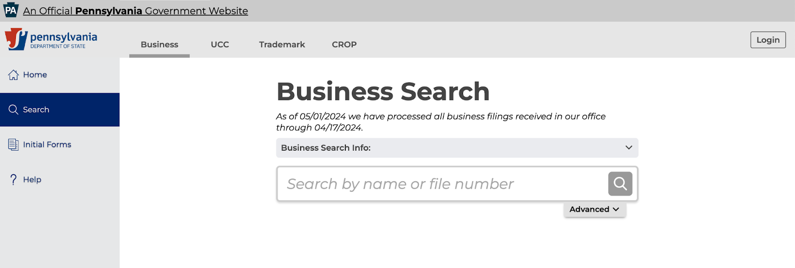 Screenshot of the Pennsylvania Department of State website business search function