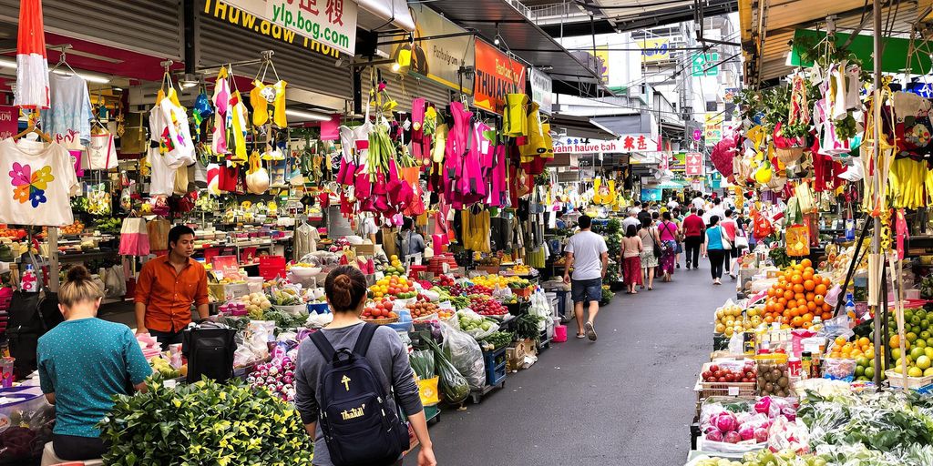 Colorful stalls and bustling shoppers in a Thai market.