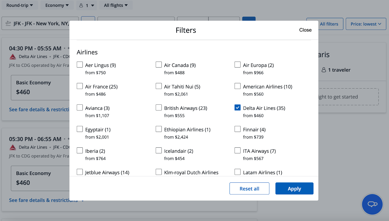 filtering Delta on the Chase travel portal