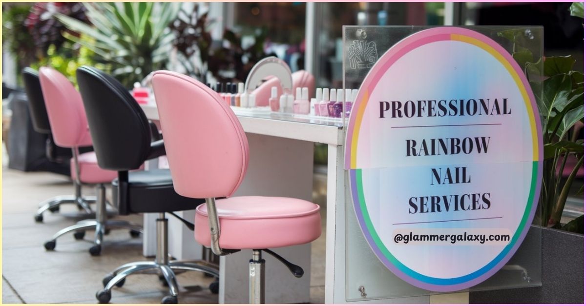 Pink salon chairs by a sign advertising professional rainbow nail services with Instagram handle.