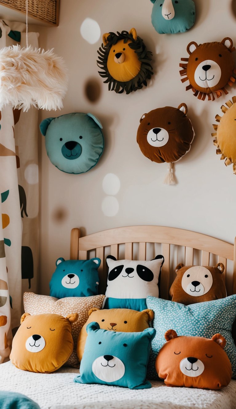 A cozy kids' bedroom filled with animal-shaped pillows in various colors and sizes, creating a playful and inviting atmosphere