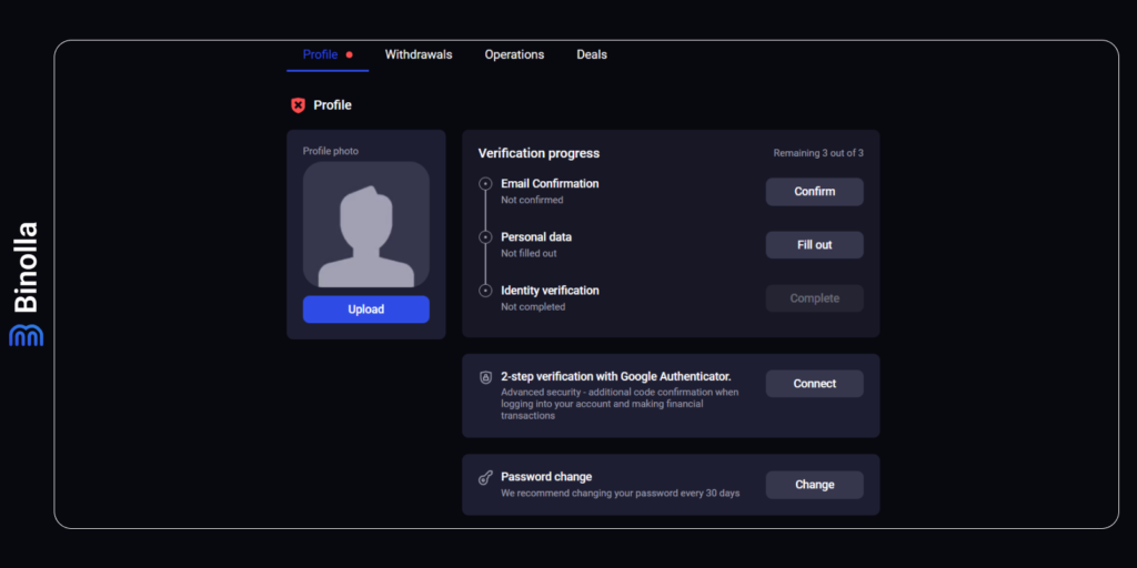 A window showing the verification form on the Binolla platform