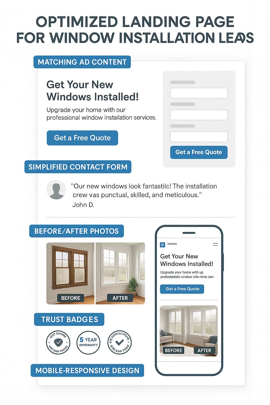 Optimized landing page design for converting Facebook remarketing traffic into window installation leads.