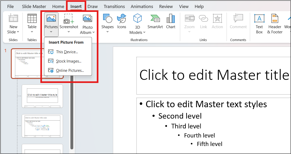 Master Slide in PowerPoint. Insert > Pictures > Insert Picture from This Device, Stock Images & Online Pictures highlighted.