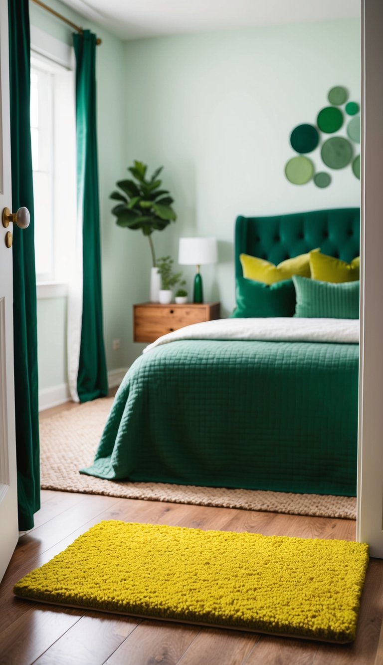 A citron green doormat in a cozy bedroom with 23 shades of green decor