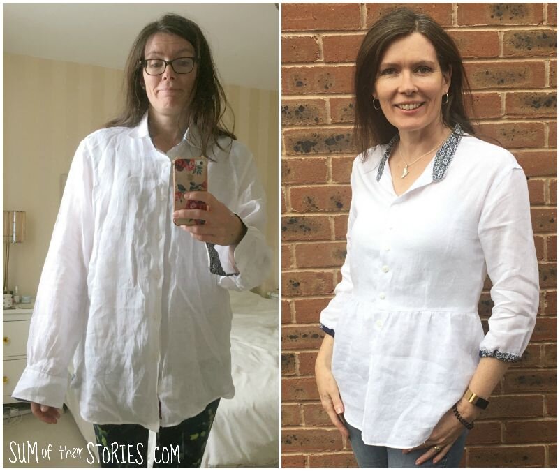 side by side images of a white woman wearing an oversized white men's shirt alongside the same shirt tailored with a peplum waist