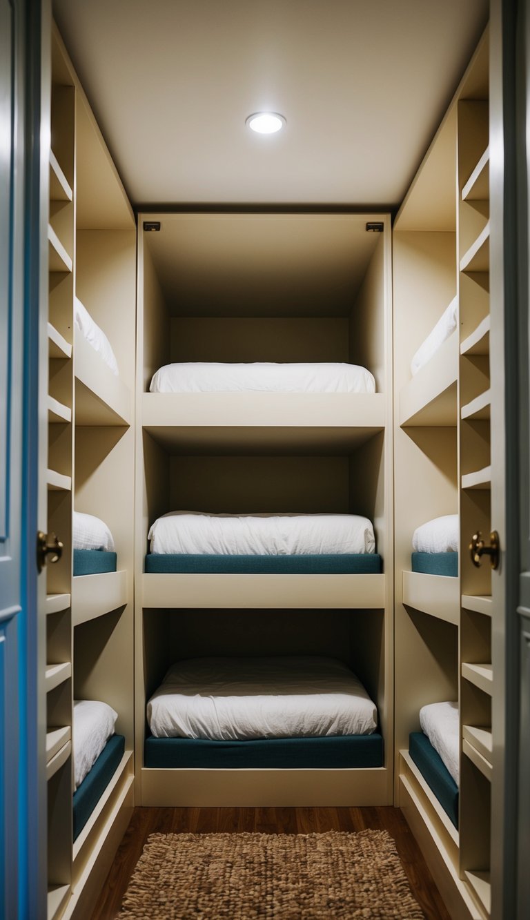 A cozy bunk room with multiple Murphy beds neatly tucked into the wall, creating a space-saving and functional sleeping area