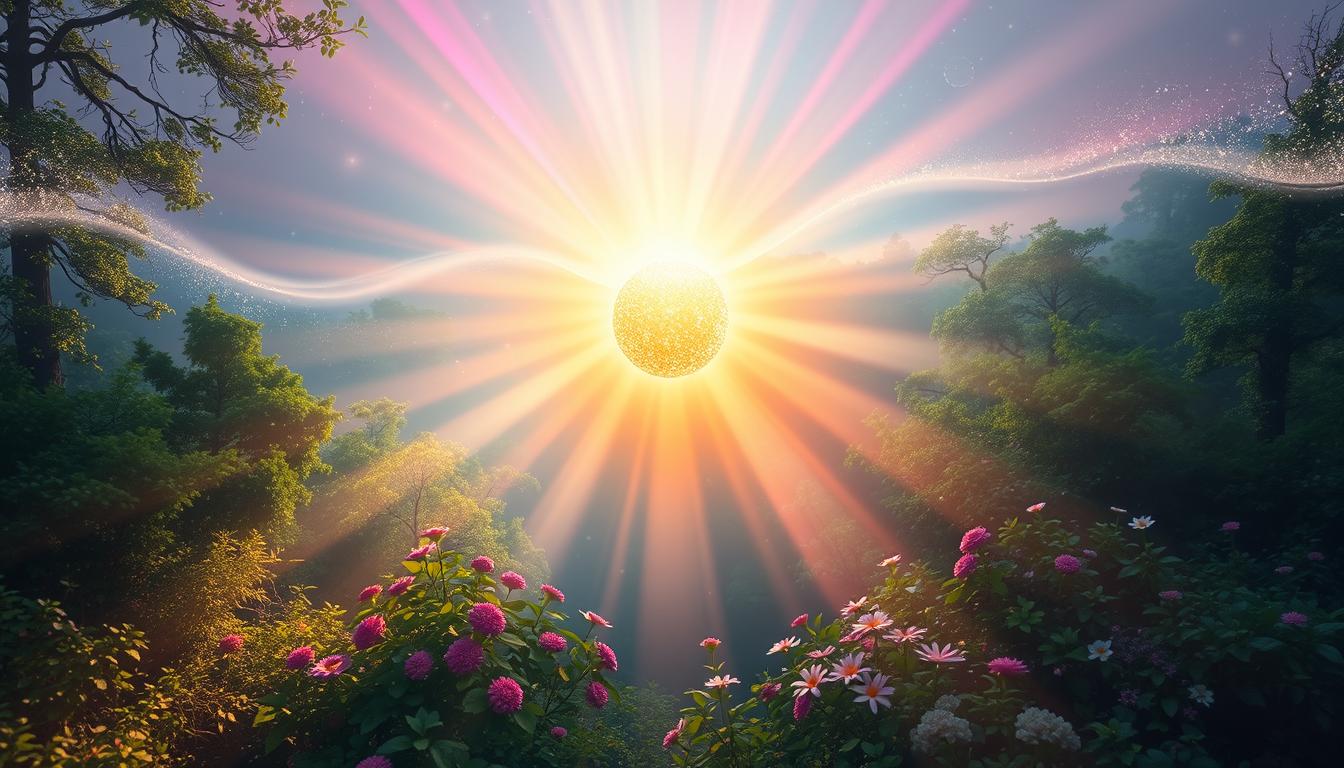 A serene landscape with vibrant colors radiating from a central glowing orb, surrounded by ethereal waves of energy. Soft beams of light dancing through a tranquil forest filled with lush greenery and blooming flowers, symbolizing elevated energy. Wisps of sparkling mist lifting gently into the air, creating a sense of harmony and connection with nature.