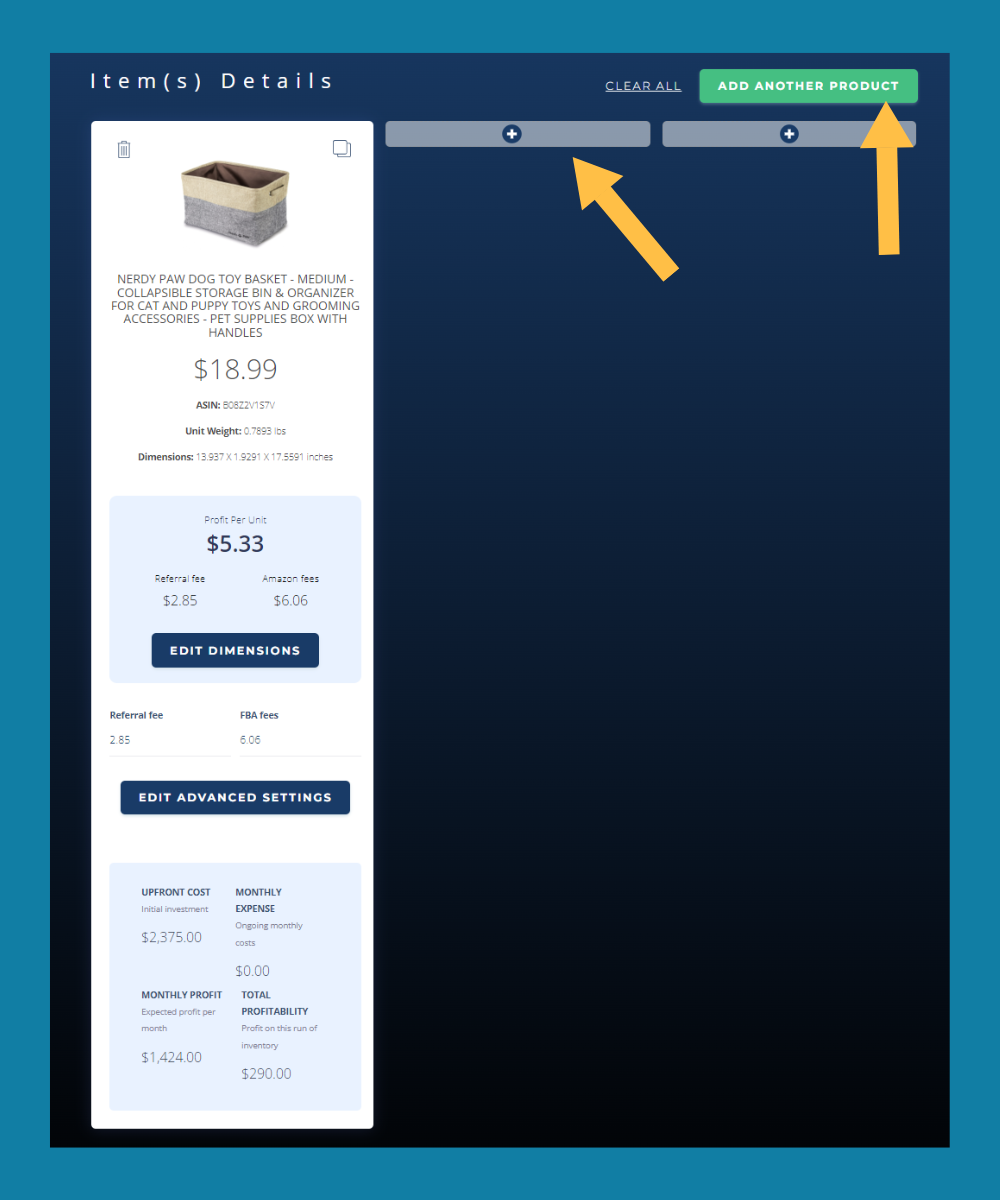 A graphic showing how to add another product in Viral Launch's Amazon FBA calculator.