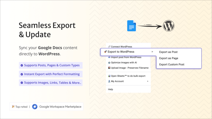 Screenshot showing seemless export and update from google docs to wordpress