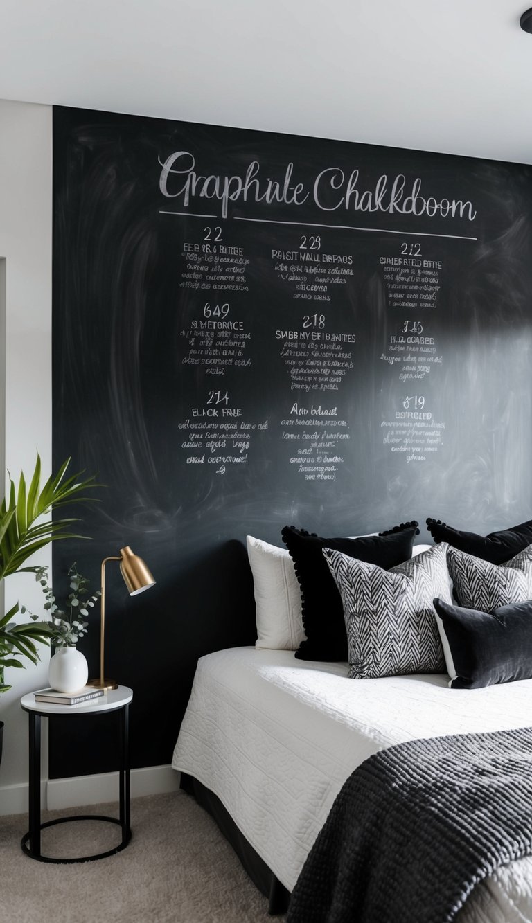 A bedroom with a large graphite chalkboard wall, adorned with 22 black and gray decor ideas