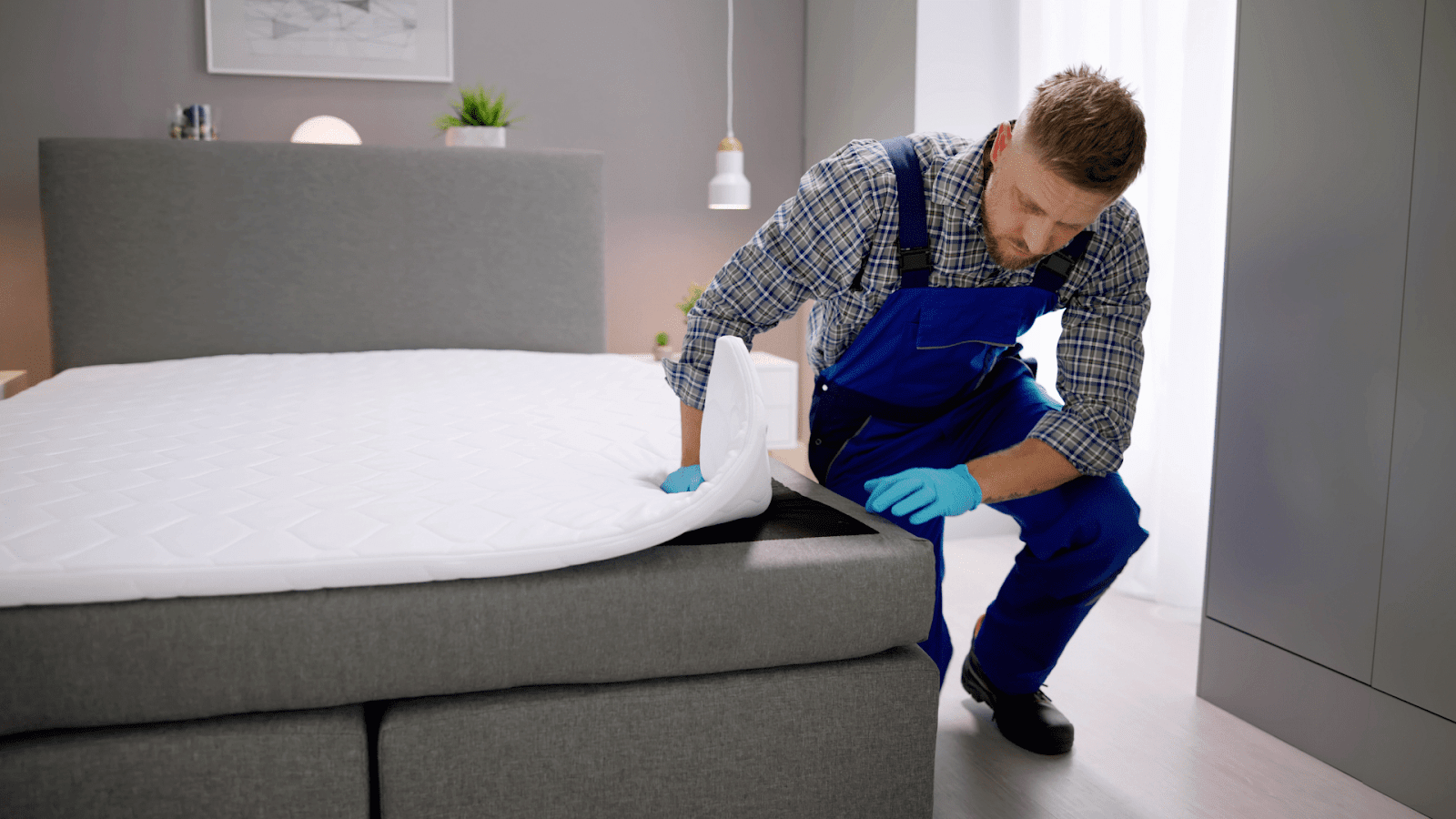 Professional bed bugs exterminators checking a mattress seam for signs of infestation