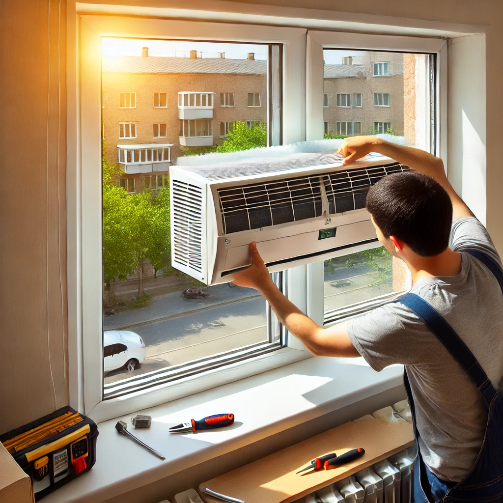 Side-by-side comparison of a window AC and wall-mounted AC unit in two different rooms, showing cooling in action.