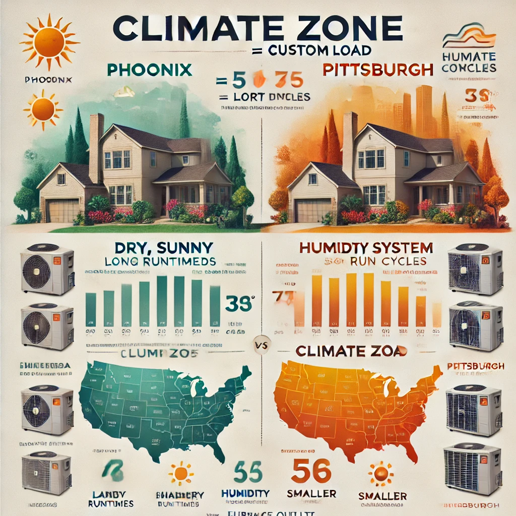 Split-screen of homes in Phoenix and Pittsburgh with climate indicators and HVAC system sizing differences based on location.