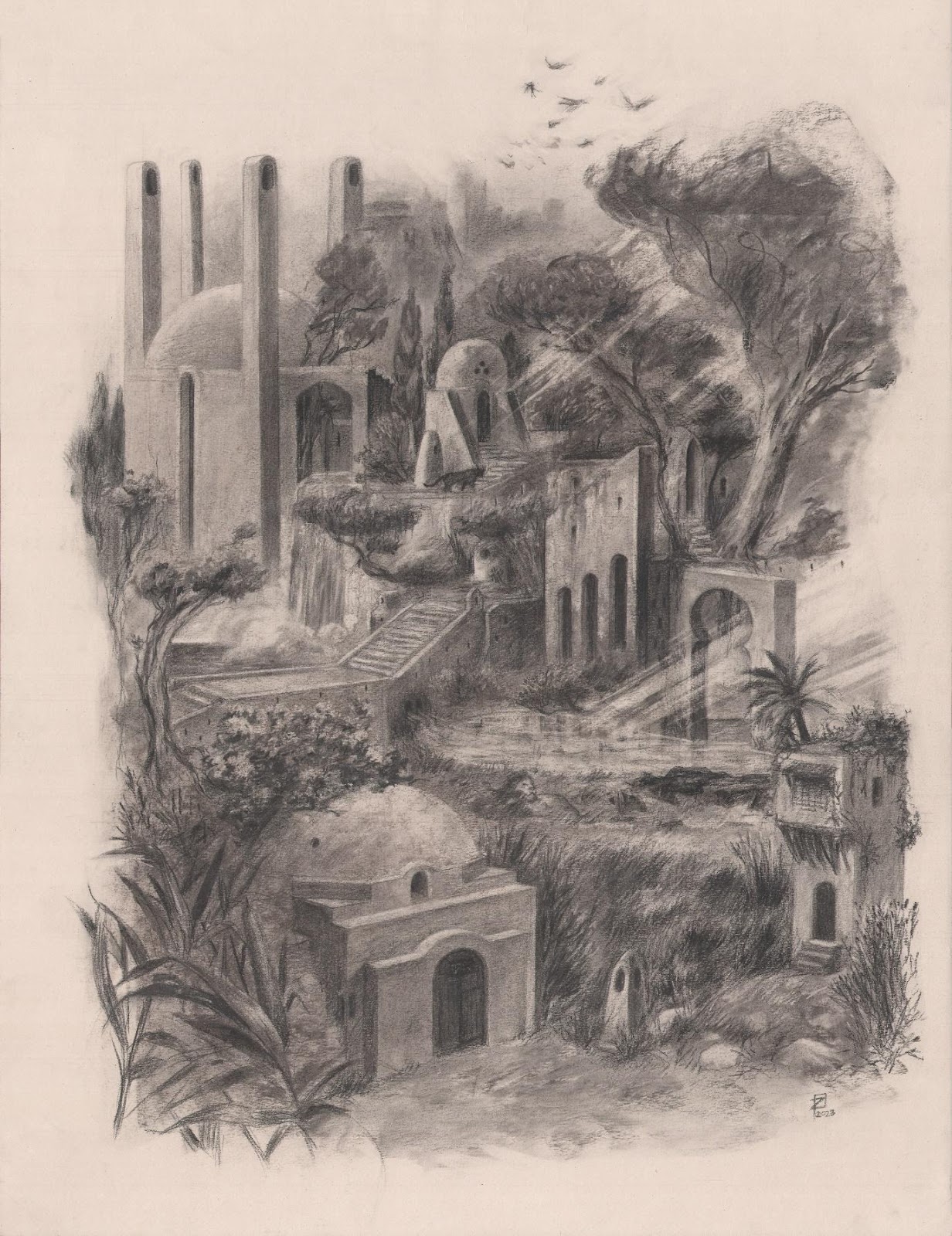 Kamal Zakkour and Abir Gasmi, La Città Spaventata, 2023, charcoal on paper