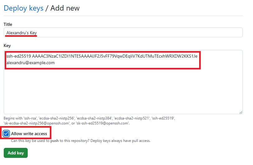 Screenshot of how to add SSH keys to GitHub repository: Pasting the public SSH key