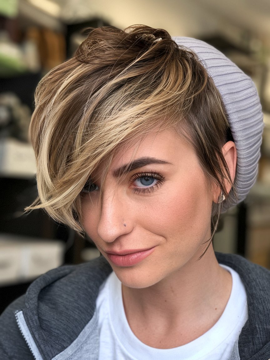 50. Messy Highlighted Pixie with Long Side Bangs