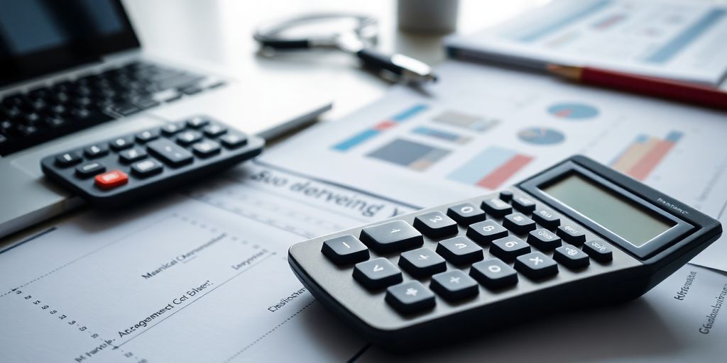 Ambiente profissional com calculadora e documentos financeiros.
