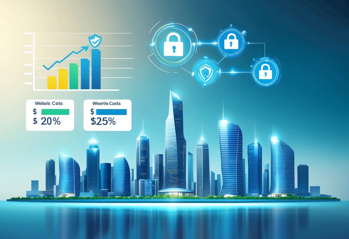 A futuristic city skyline with digital security symbols and data protection icons hovering above, while a chart or graph shows the breakdown of website costs for 2025