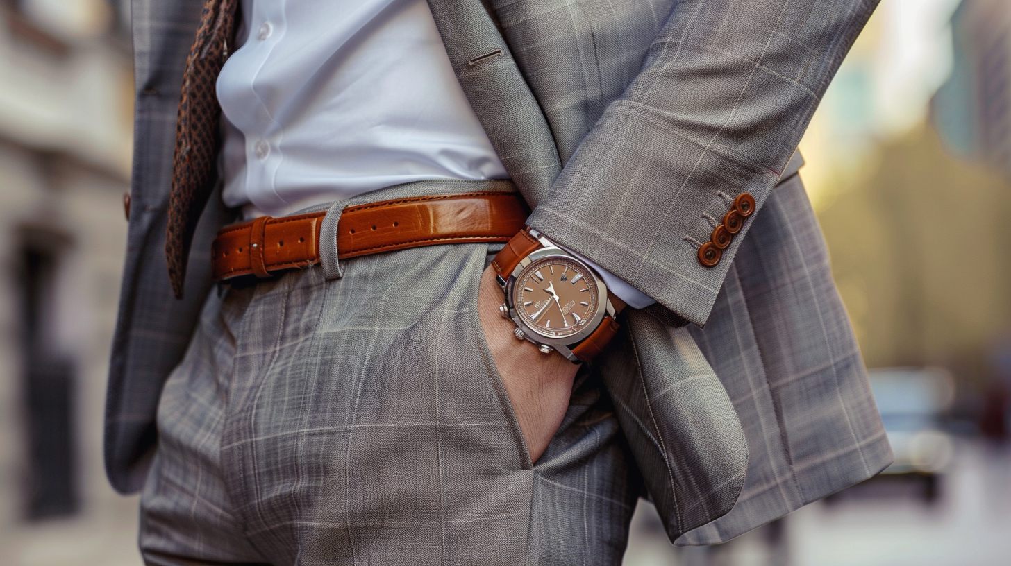 Complete a grey suit and brown shoe outfit with a brown leather belt and a matching brown leather-strapped watch. Ensure the leather tones are similar. Avoid mixing black leather. The goal is a clean, cohesive look