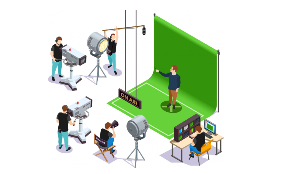 Behind-the-scenes of a professional video shoot showing a camera crew setting up lighting and filming equipment, capturing the production process and creative teamwork in action.