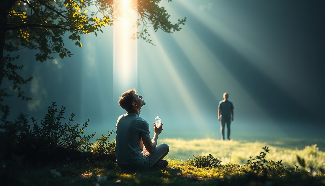 A person sitting in a peaceful environment, surrounded by nature and holding a crystal. The person has their eyes closed and is visualizing the image of someone they want to talk to. Above them, a beam of light shines down onto them, symbolizing their manifestation coming to life. In the distance, a figure begins to approach them, representing the person they wanted to talk to.