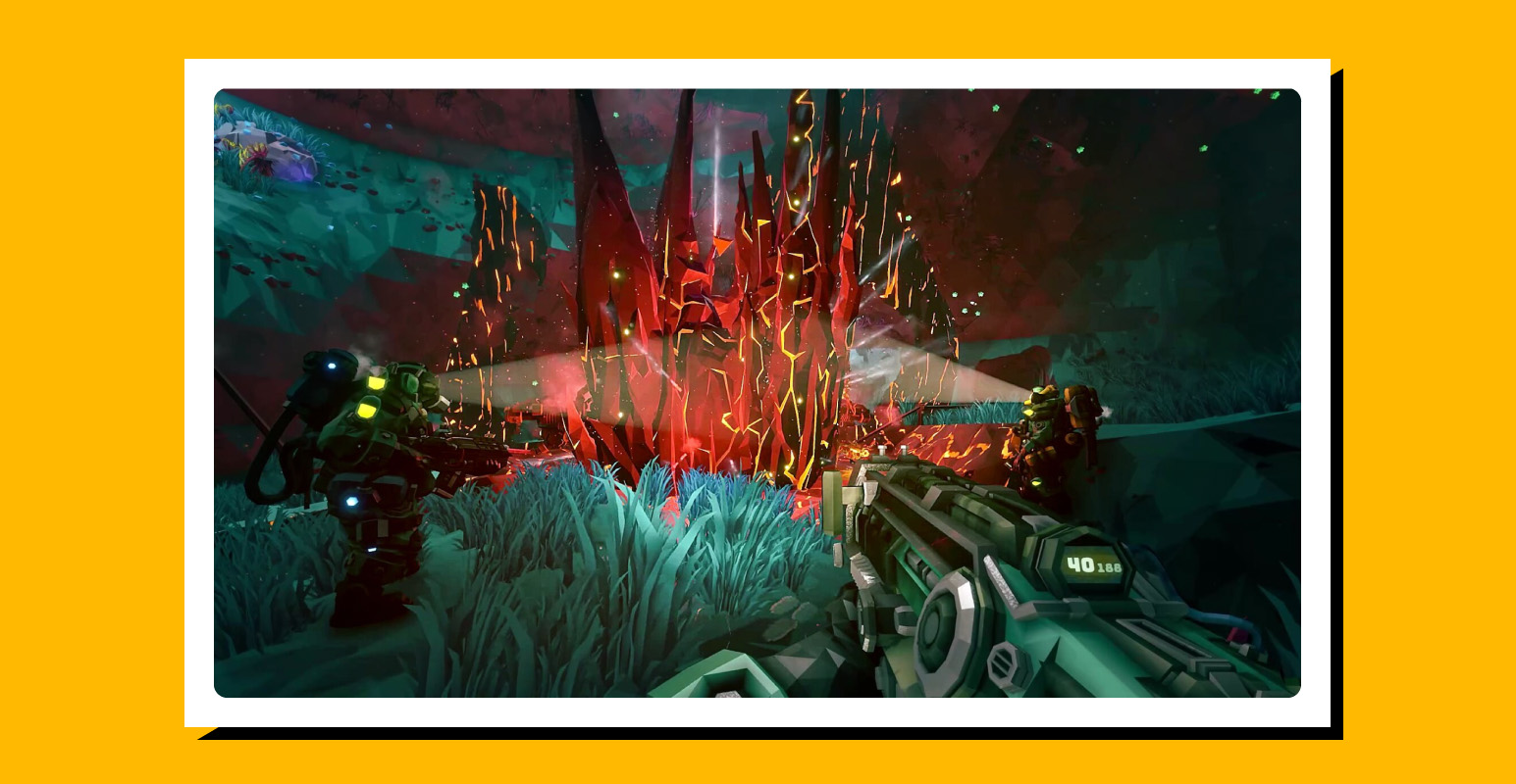 Screenshot of Deep Rock Galactic gameplay with a stylized yellow border