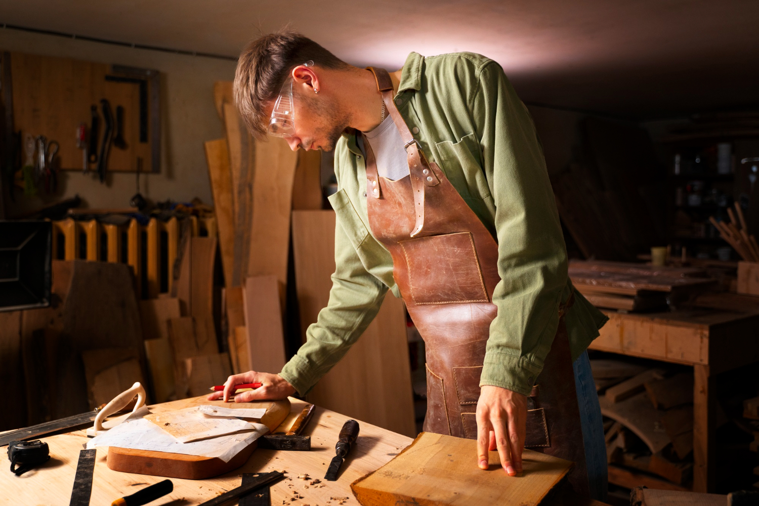 A man hunched over a workbench that is too low, demonstrating poor ergonomics and the risk of back strain.