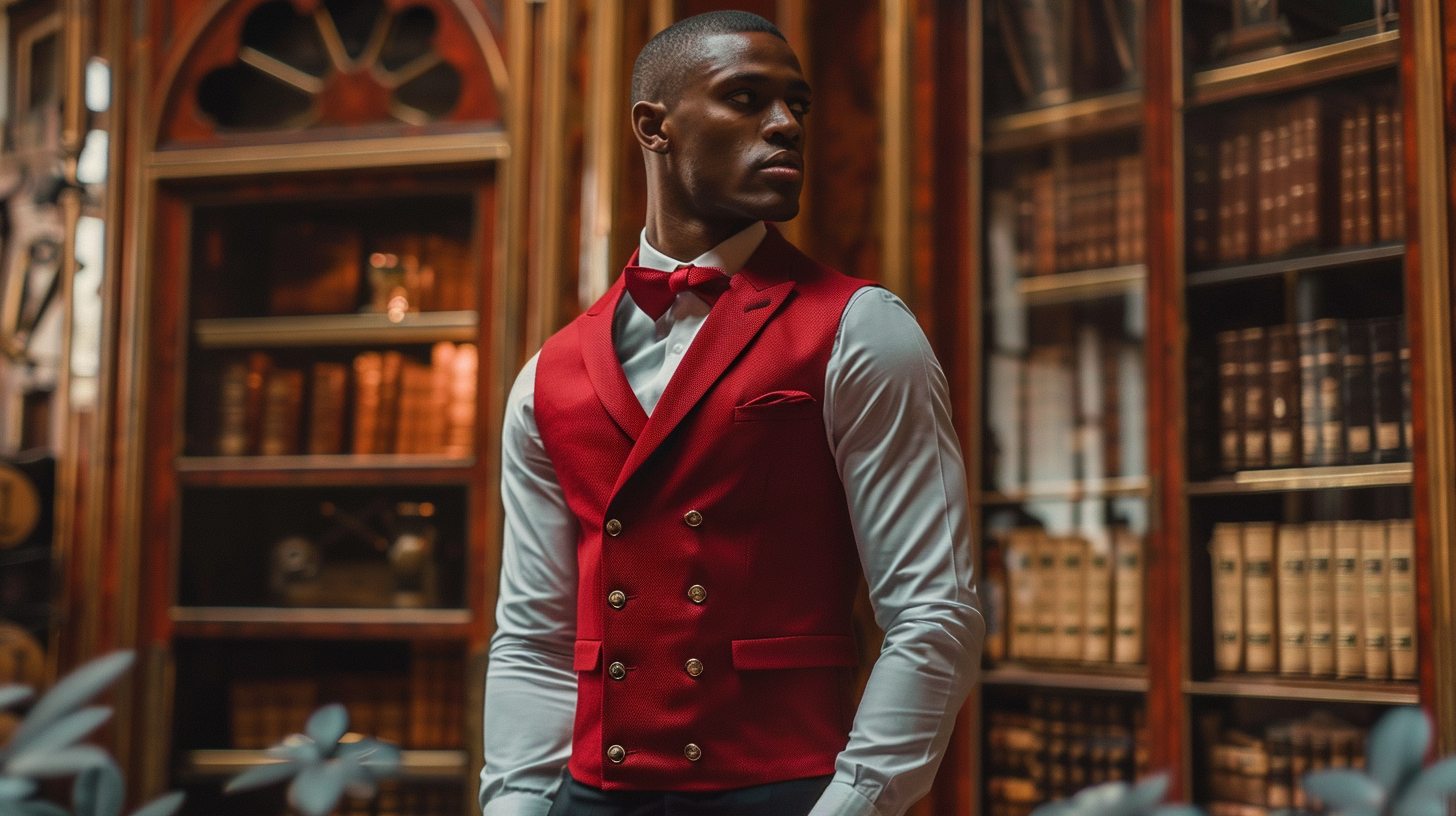 A confident man in a bold, double-breasted red vest with two rows of buttons and a wider silhouette. Styled with a dress shirt and tailored pants. Classic menswear aesthetic, rich tones, sophisticated setting like a historic building or study