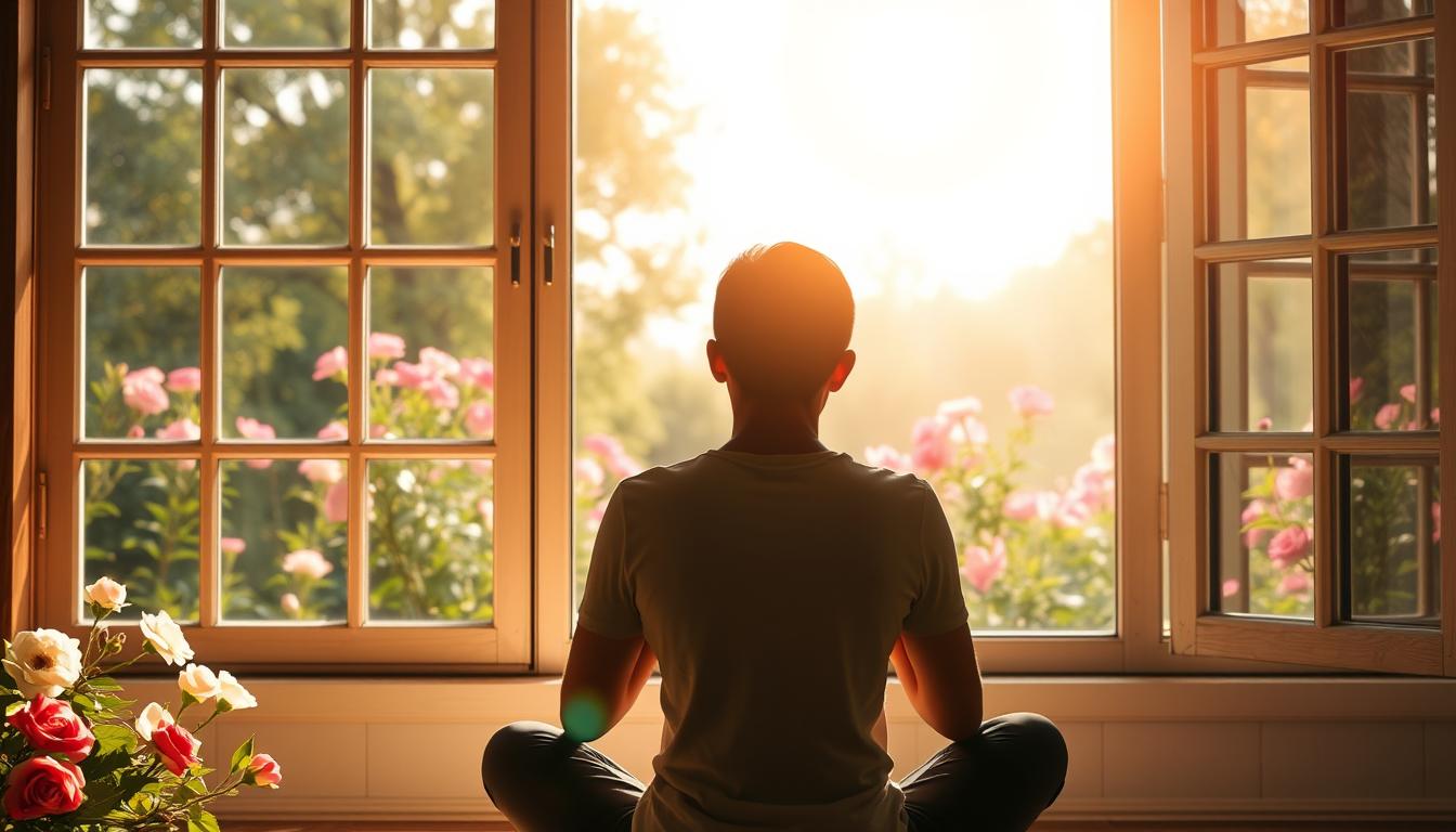 A person sitting in front of a window, eyes closed and hands placed on their heart. Outside the window is a beautiful garden with blooming flowers and a bright sun shining. The person is visualizing their ideal partner, with specific details such as eye color, height, personality traits, and shared interests. As they visualize, the image of their dream partner begins to form in their mind.