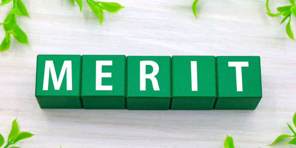 緑の積み木ブロックで並べた白文字の「MERIT」と観葉植物の葉