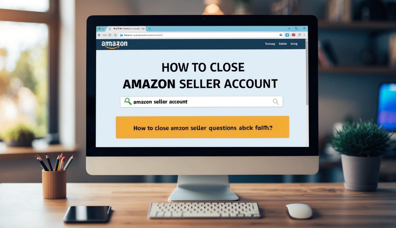 A computer screen with a search bar showing "how to close amazon seller account" and a list of frequently asked questions below