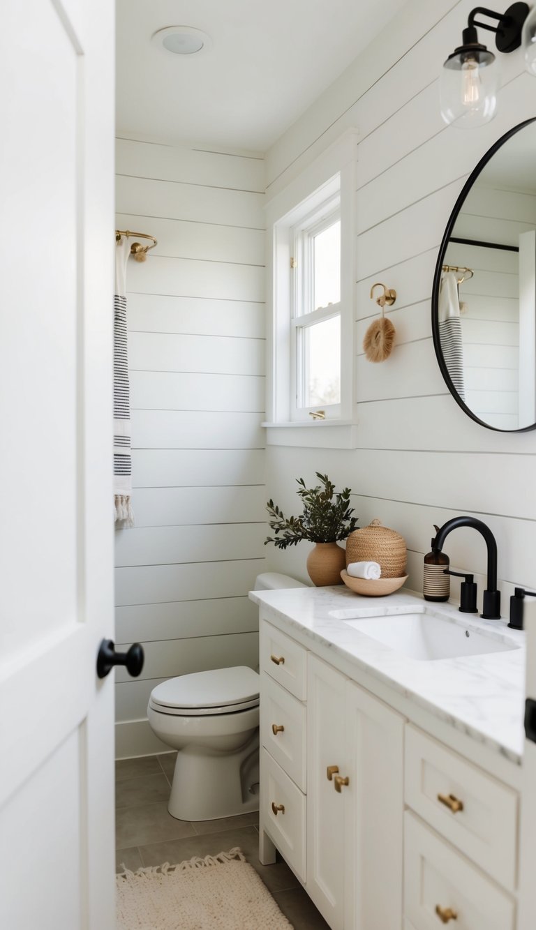 A serene bathroom with whitewashed shiplap panels, adorned with minimalist decor and natural elements for a modern and cozy feel