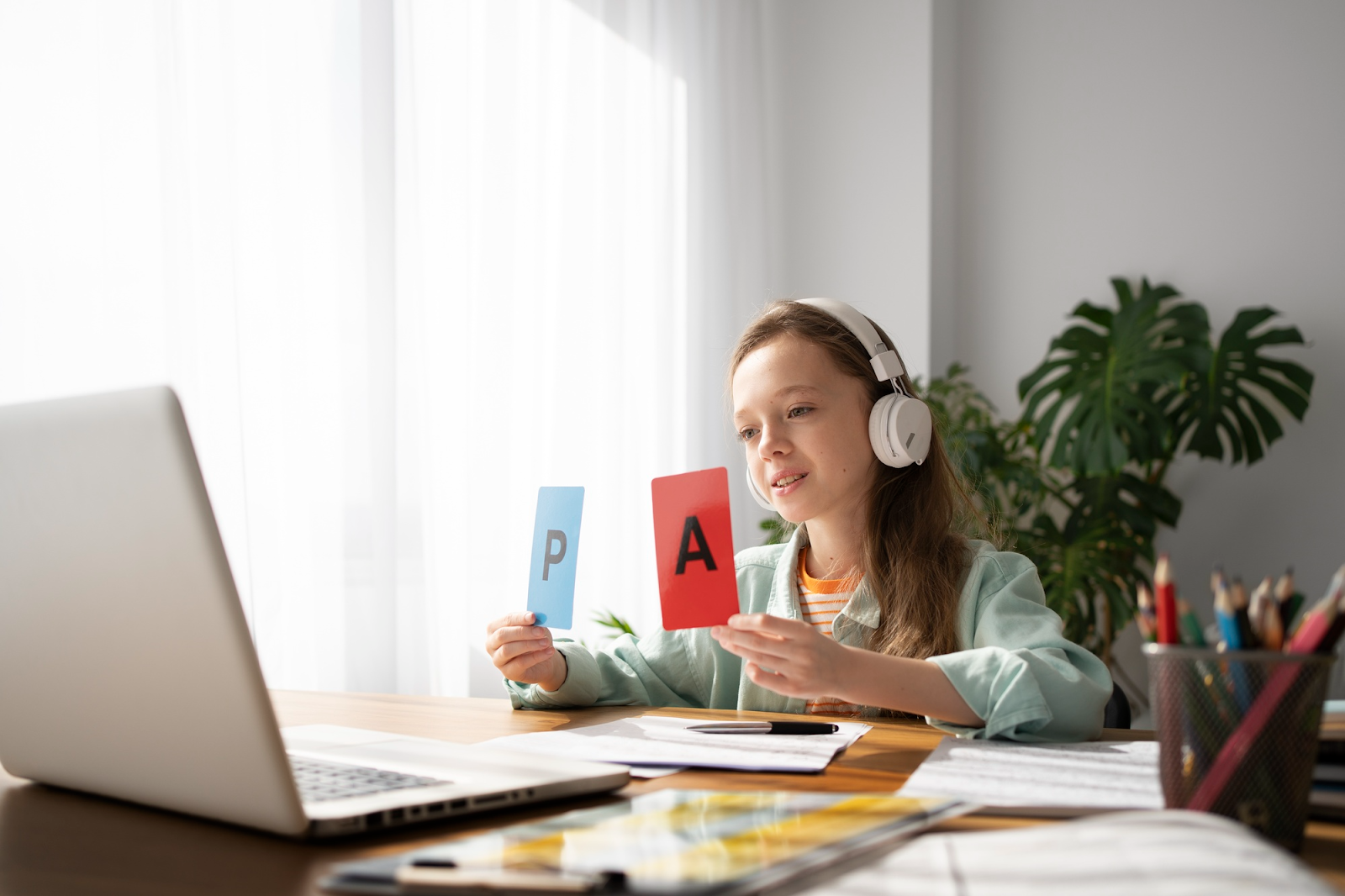 A child wearing headphones holding a card  AI-generated content may be incorrect.
