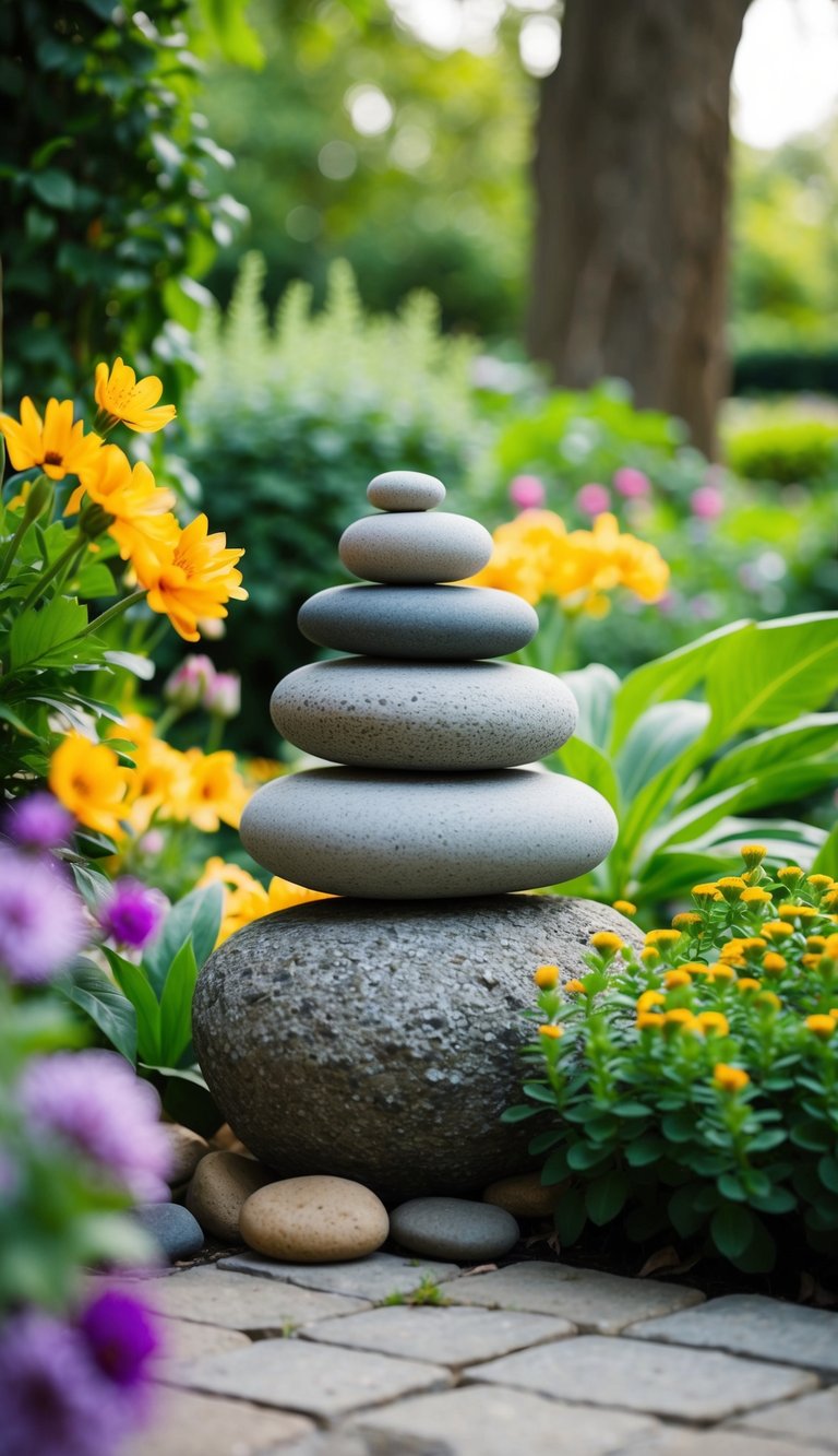 A serene garden corner with a rock arrangement for meditation, surrounded by lush greenery and colorful flowers