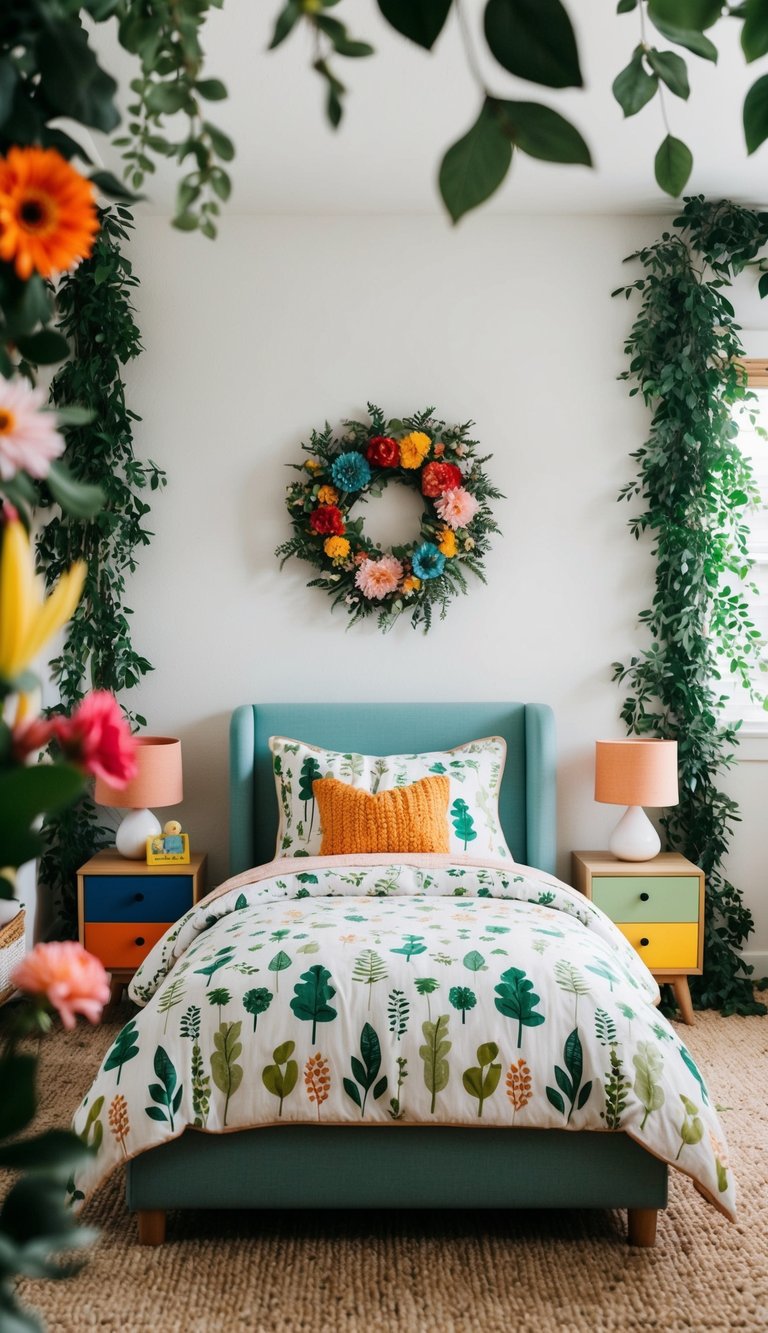 A cozy kids bedroom with nature-inspired bedding, surrounded by lush greenery and colorful floral accents