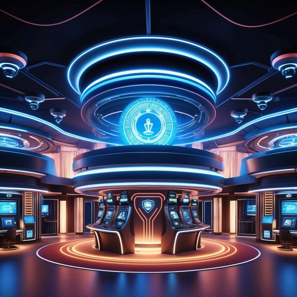 A futuristic casino with high-tech security features, including biometric scanners, encryption algorithms, and surveillance cameras