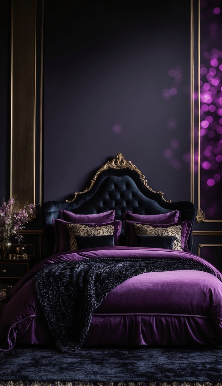 A dark, feminine bedroom with rich, moody colors and luxurious textures. Deep purples, velvety blacks, and touches of gold create a dramatic and elegant atmosphere