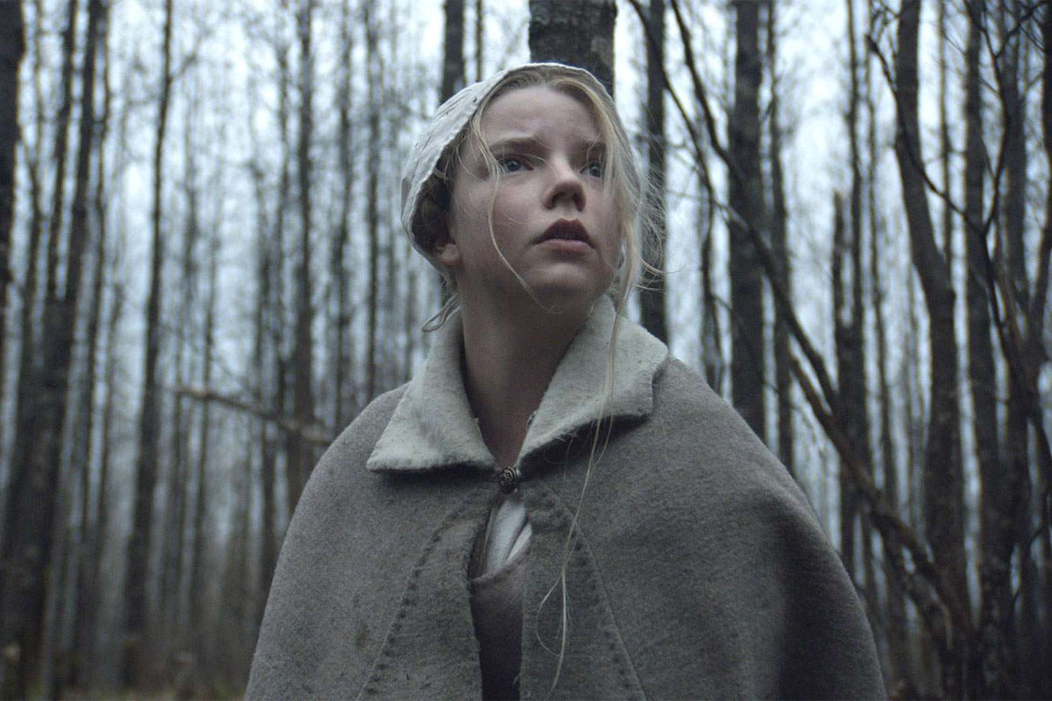 Anya Taylor-Joy interpretando a Thomasin en una escena de la película 'The Witch', luciendo preocupada mientras está en un bosque oscuro.