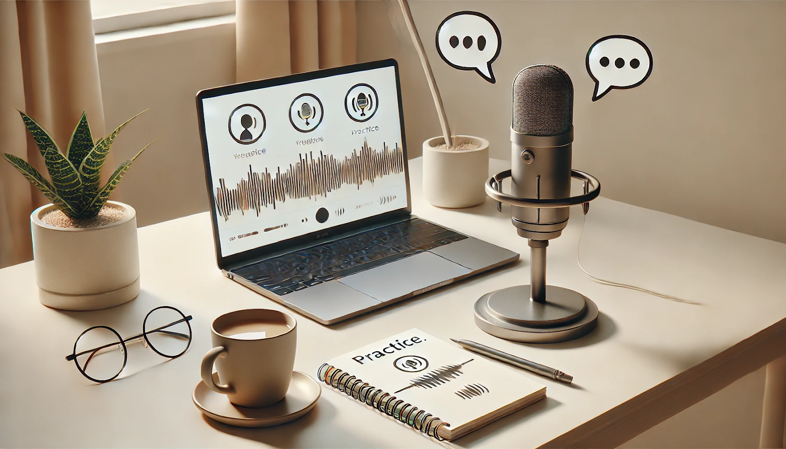 A minimalist and focused image symbolising the improvement of talking skills. The scene shows a clean desk with a microphone and a notepad, with speech software running on a laptop