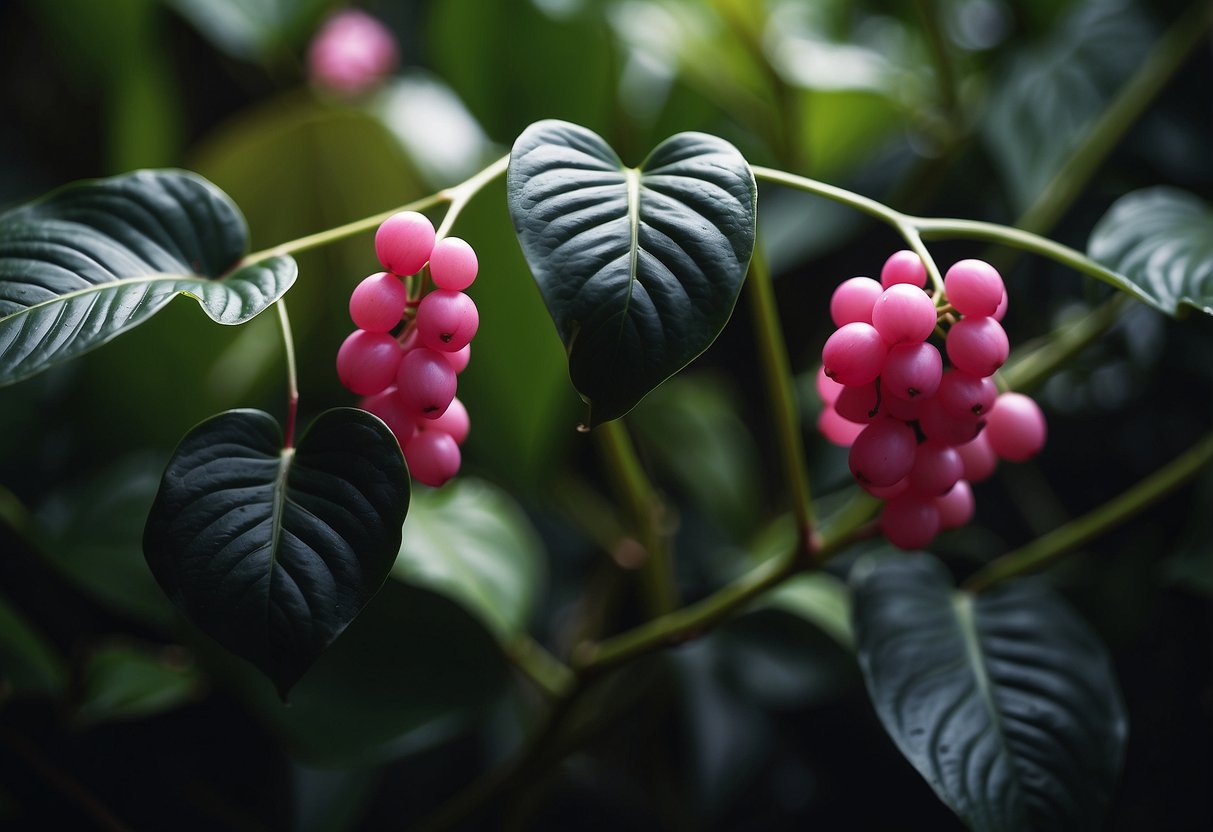 A close-up view of Philodendron Black Cherry and Pink Princess stems and petioles, highlighting their differences in color and texture