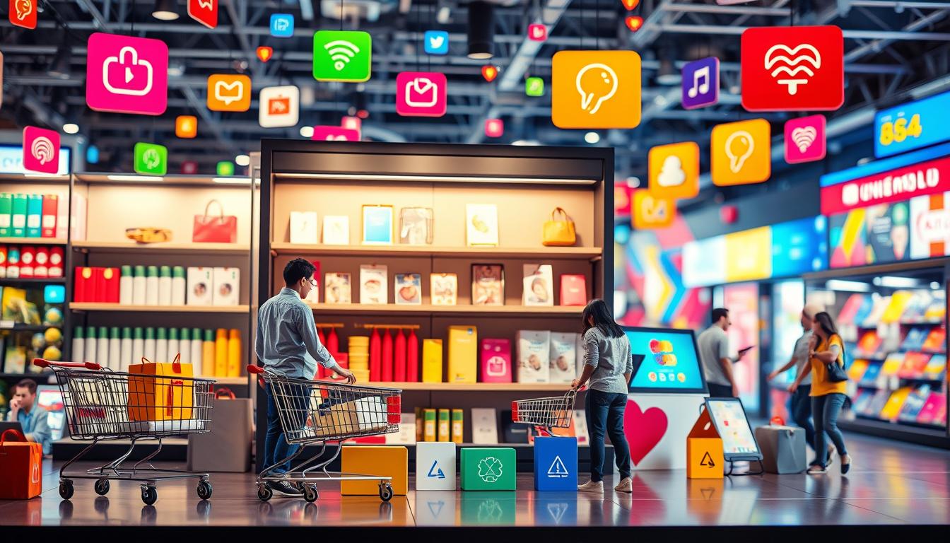 Una escena de mercado digital, que muestra una variedad de elementos de compras en línea, como carritos de compras, productos exhibidos en un estante virtual, clientes navegando en dispositivos, íconos coloridos que representan métodos de pago y un fondo vibrante que simboliza Internet, todo combinado a la perfección en un entorno cohesivo y Representación visual atractiva del comercio electrónico.