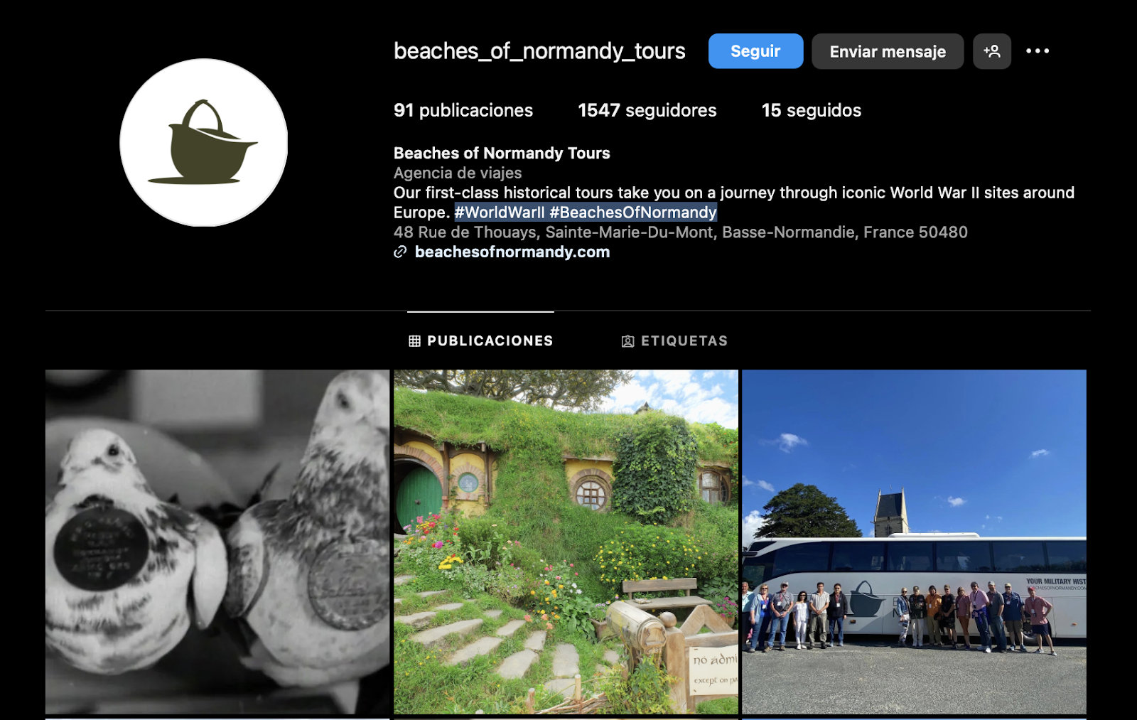 Screenshot of Beaches of Normandy Tours Instagram profile