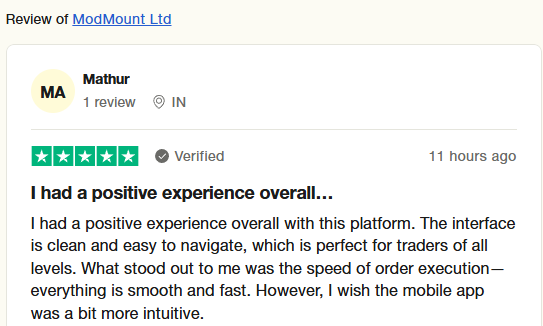 Positive review on Modmount’s Trustpilot profile