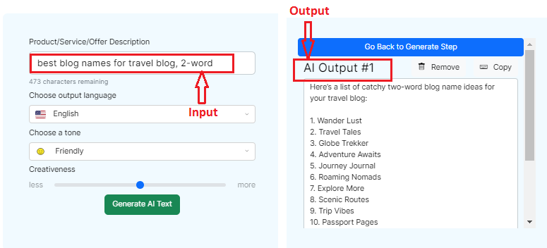 Input and output of Content Gorilla's Free Blog Post Idea Generator Tool