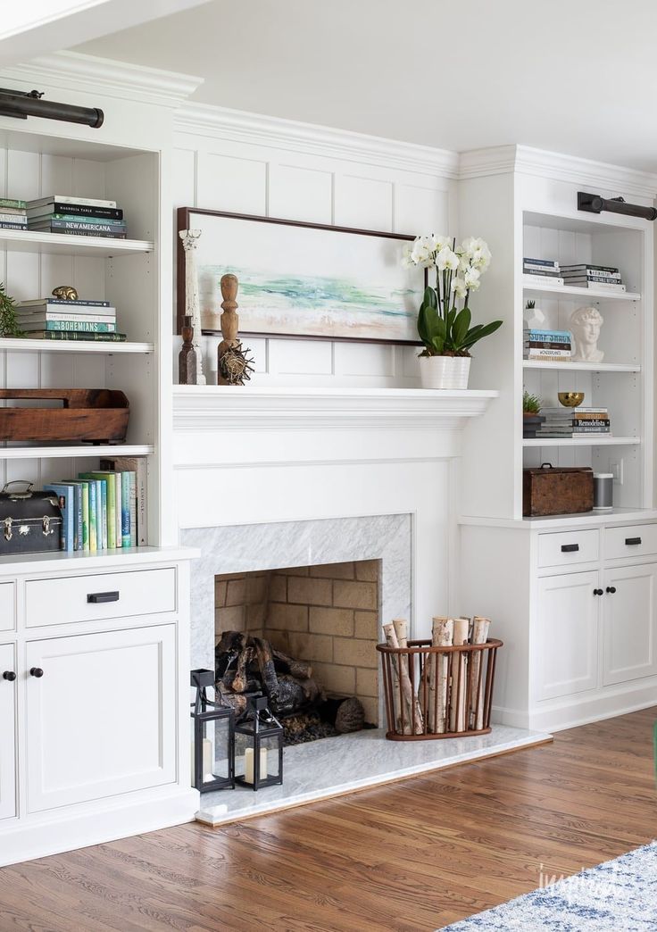 a fireplace in a room bookshelves