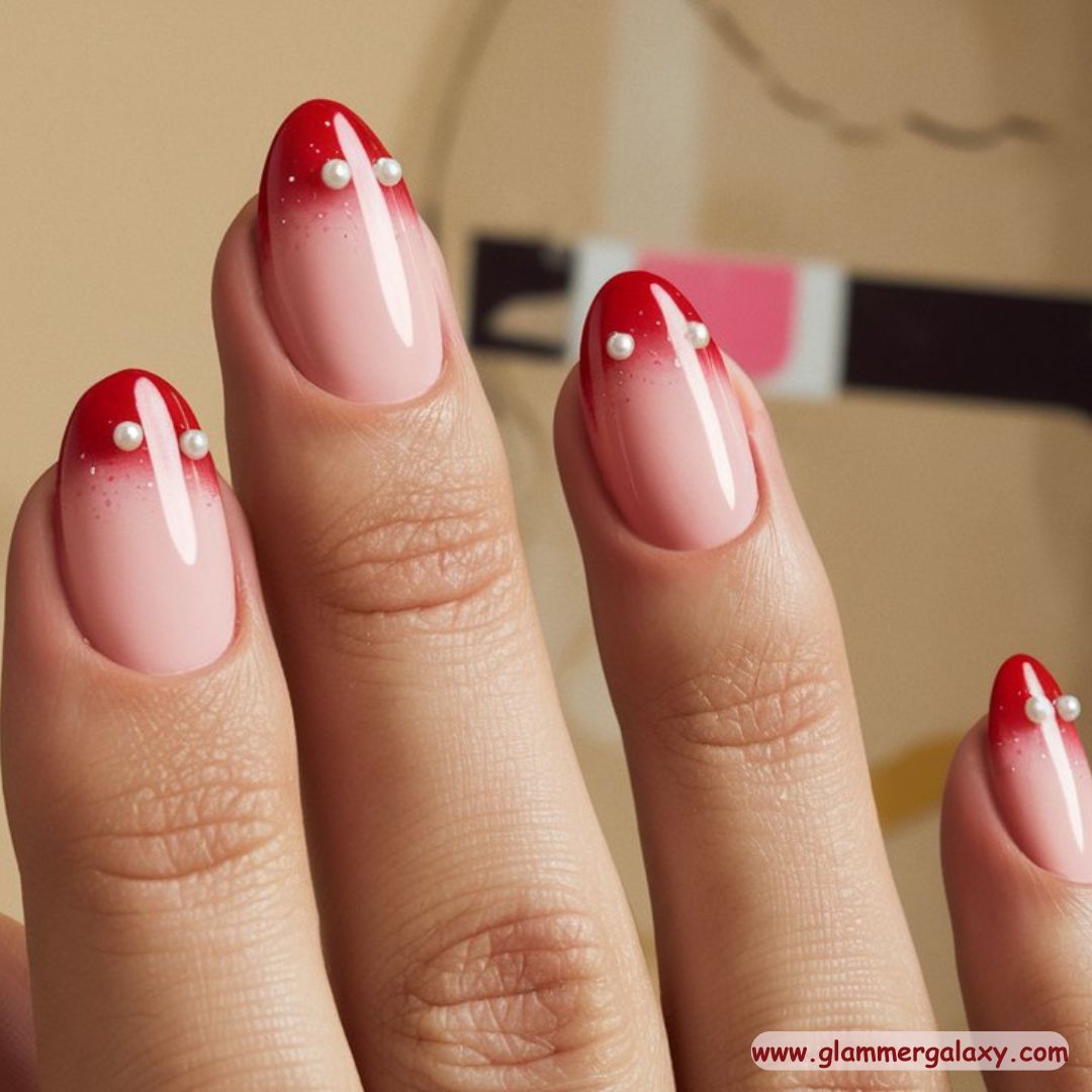 Red Winter Nail Designs having Pearl Touch
